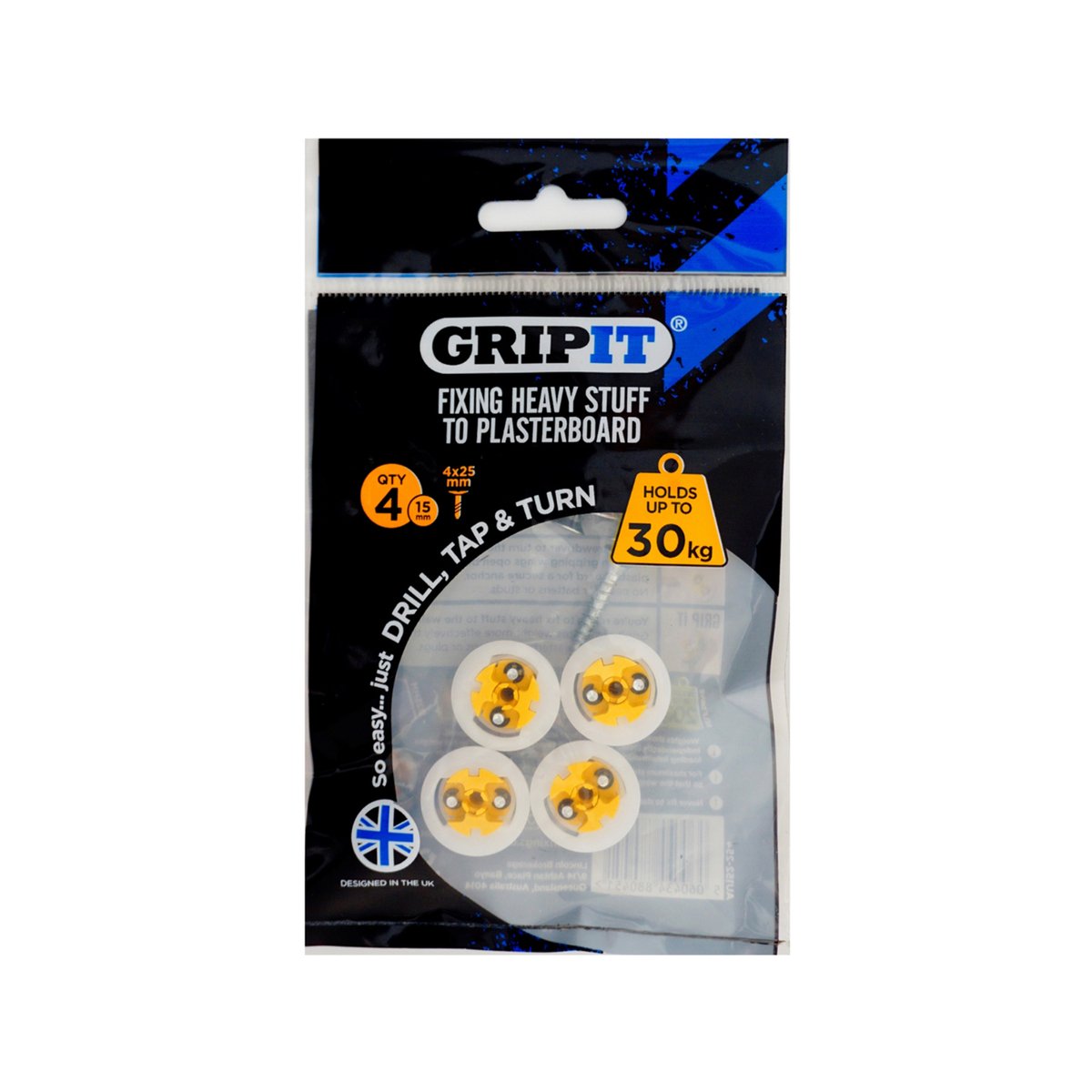 GripIt 15mm Yellow Plasterboard Fixing - 4 Pack, 30kg Capacity