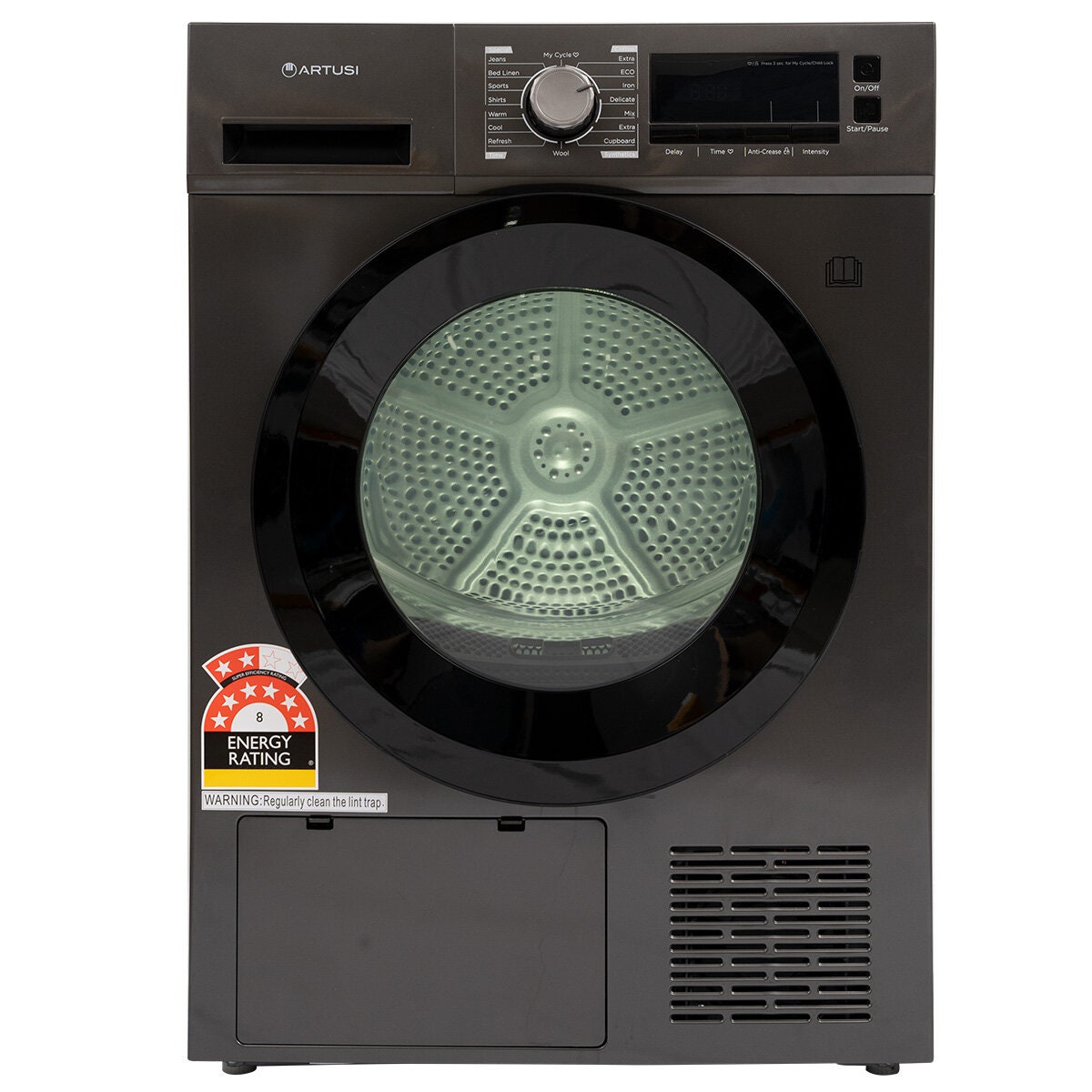 Artusi 8kg heat pump dryer - 8 star energy rating, 16 programs, 102L inner drum, grey charcoal - AHPD880GB