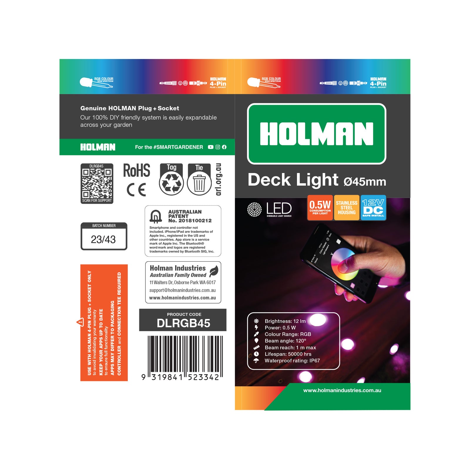 Holman 45mm RGB LED Deck Light with End Cap, 0.5W 12V, Waterproof Outdoor DLRGB45