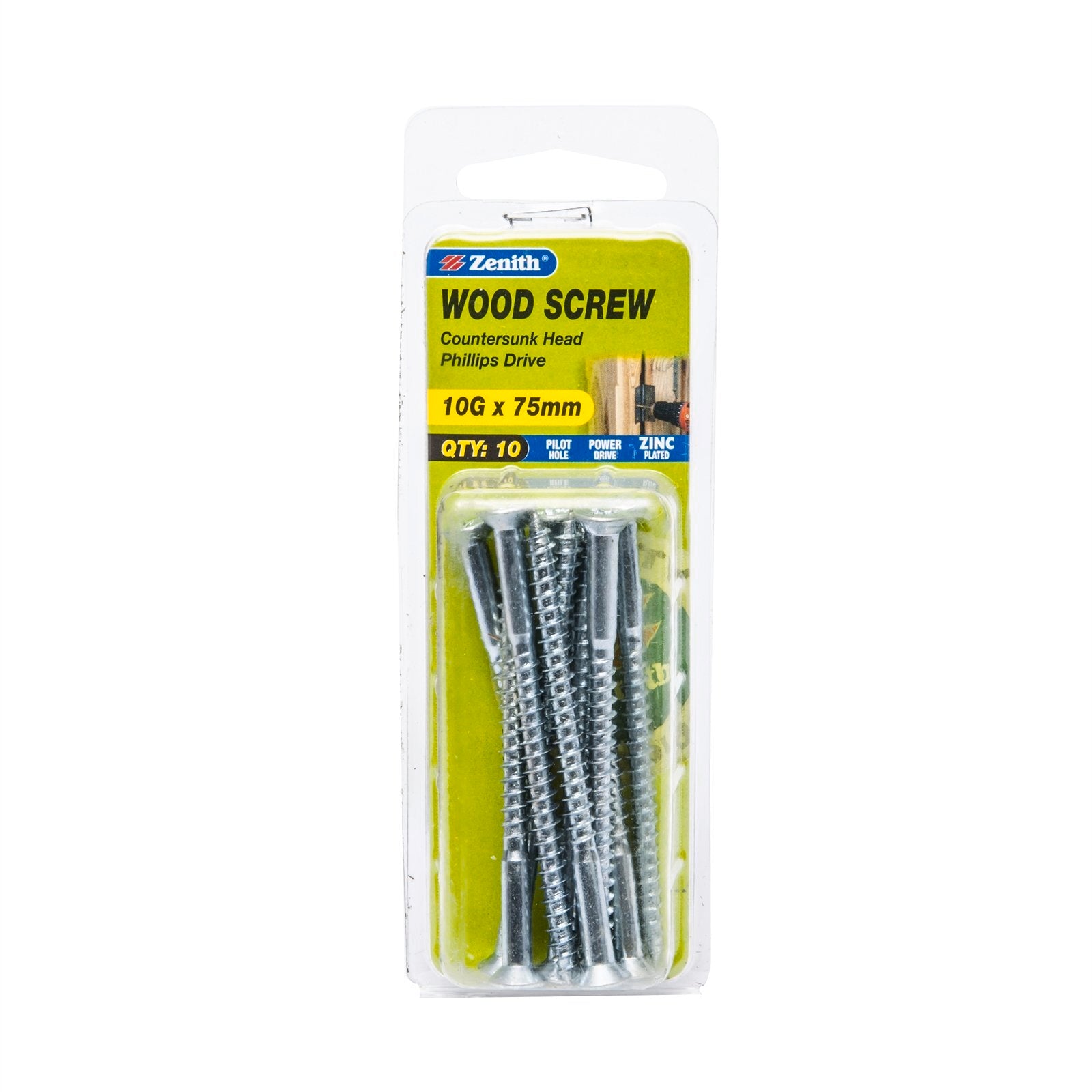 Zenith 10G x 75mm Zinc Plated Countersunk Head Wood Screws, 10 Pack