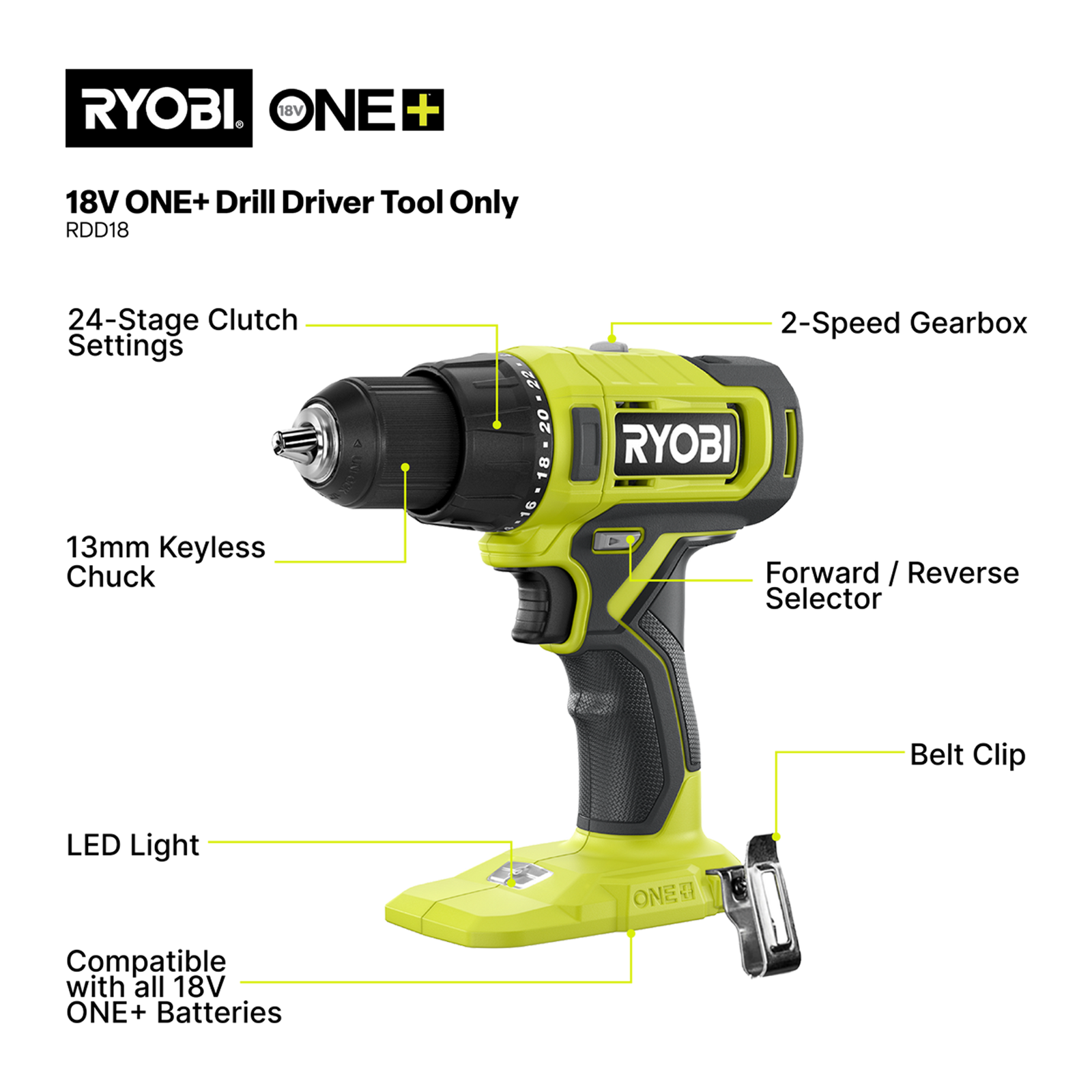 Ryobi 18V ONE+ Cordless Drill Driver Tool Only RDD18