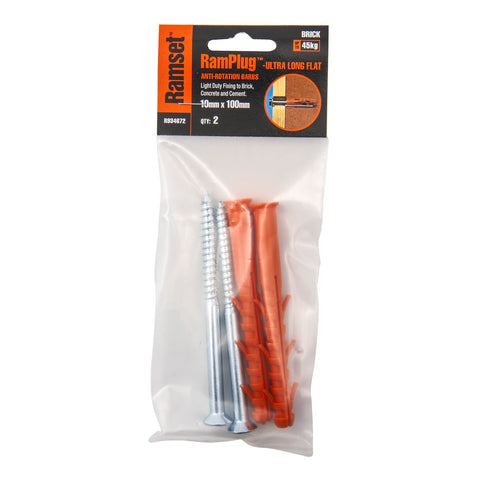 Ramset 10 x 100mm Ultra-Long Flat Head RamPlug Nylon Frame Anchor - 2 Pack