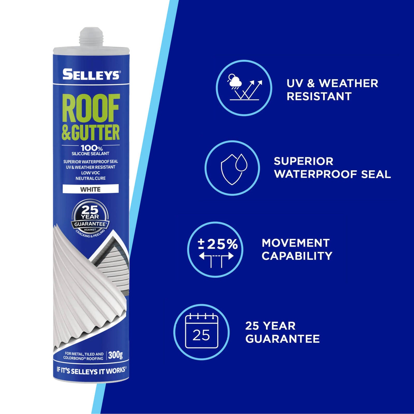 Selleys Roof & Gutter Silicone Sealant 300g White - Waterproof UV Resistant