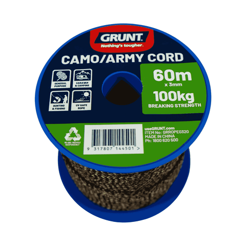 Grunt 3mm x 60m Camo Army Cord, Camouflage Polypropylene Multi-Filament, 100kg Break Strength
