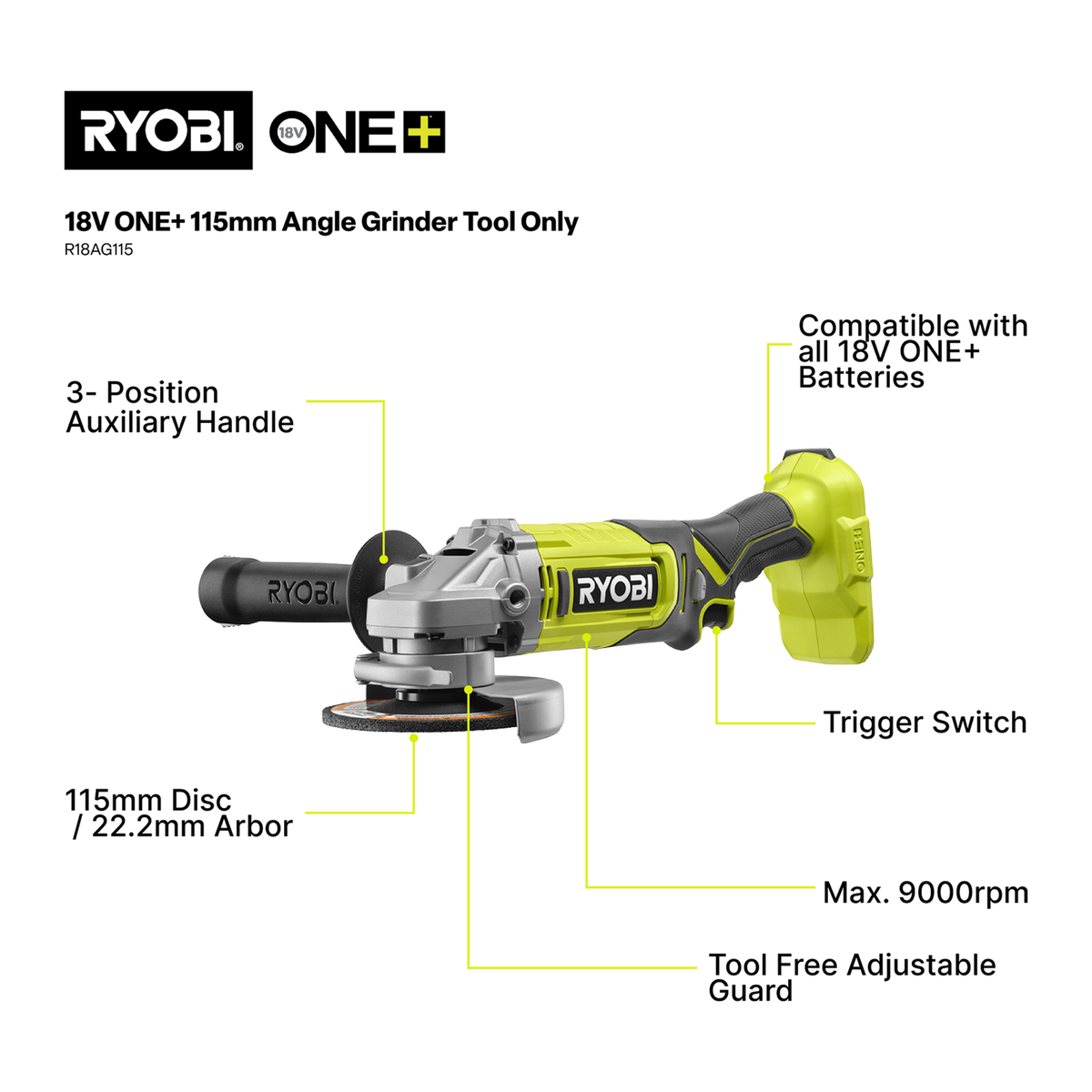 Ryobi 18V ONE+ 115mm Angle Grinder 4.0Ah Kit R18AG14A