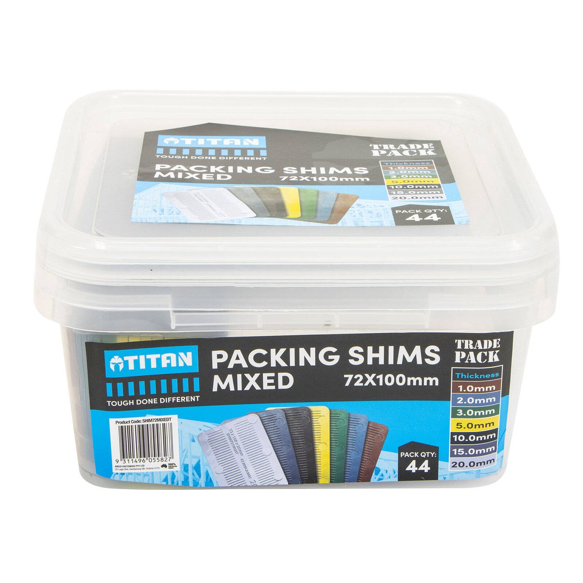 Titan Shim Packing 72mm Mixed Sizes, No-Slip Ribbed Plastic, 44 Piece