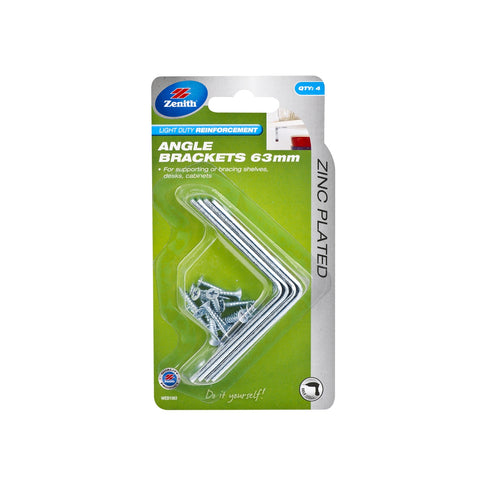 Zenith 63mm Zinc Plated Steel Angle Brackets - 4 Pack