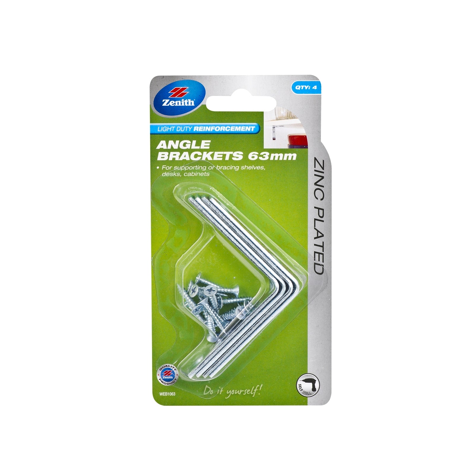 Zenith 63mm Zinc Plated Steel Angle Brackets - 4 Pack