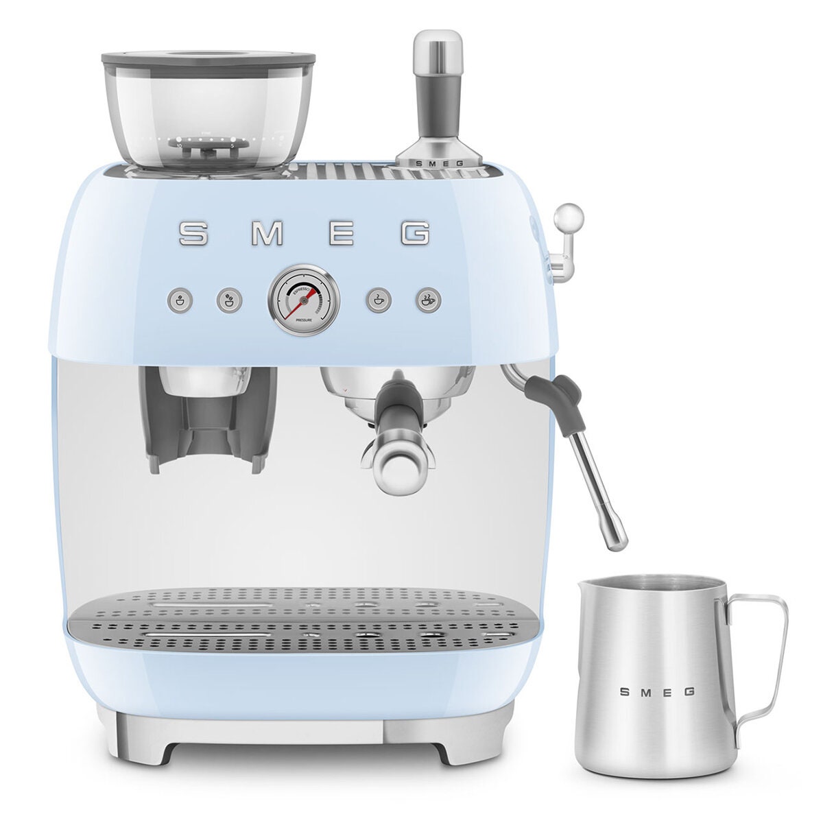 Smeg 50s Style Espresso Machine with Built-in Grinder - 20 Bar, Dual Thermoblock, Pastel Blue - EGF03PBAU
