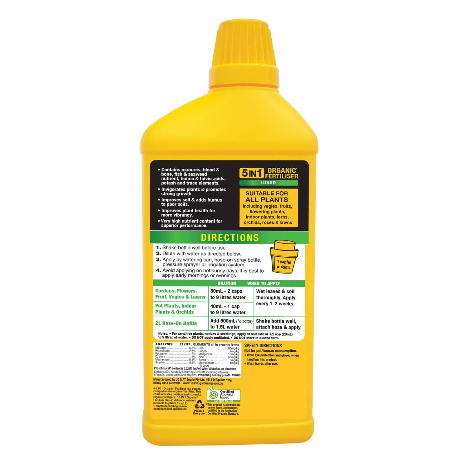 Searles 5 in 1 Organic Liquid Fertiliser Concentrate 1L - Safe for Vegetables and All Plants