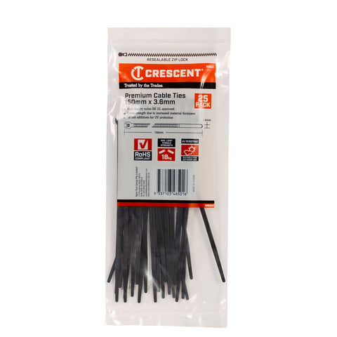 Crescent 150 x 3.6mm Black Nylon Cable Ties UV Resistant - 25 Pack