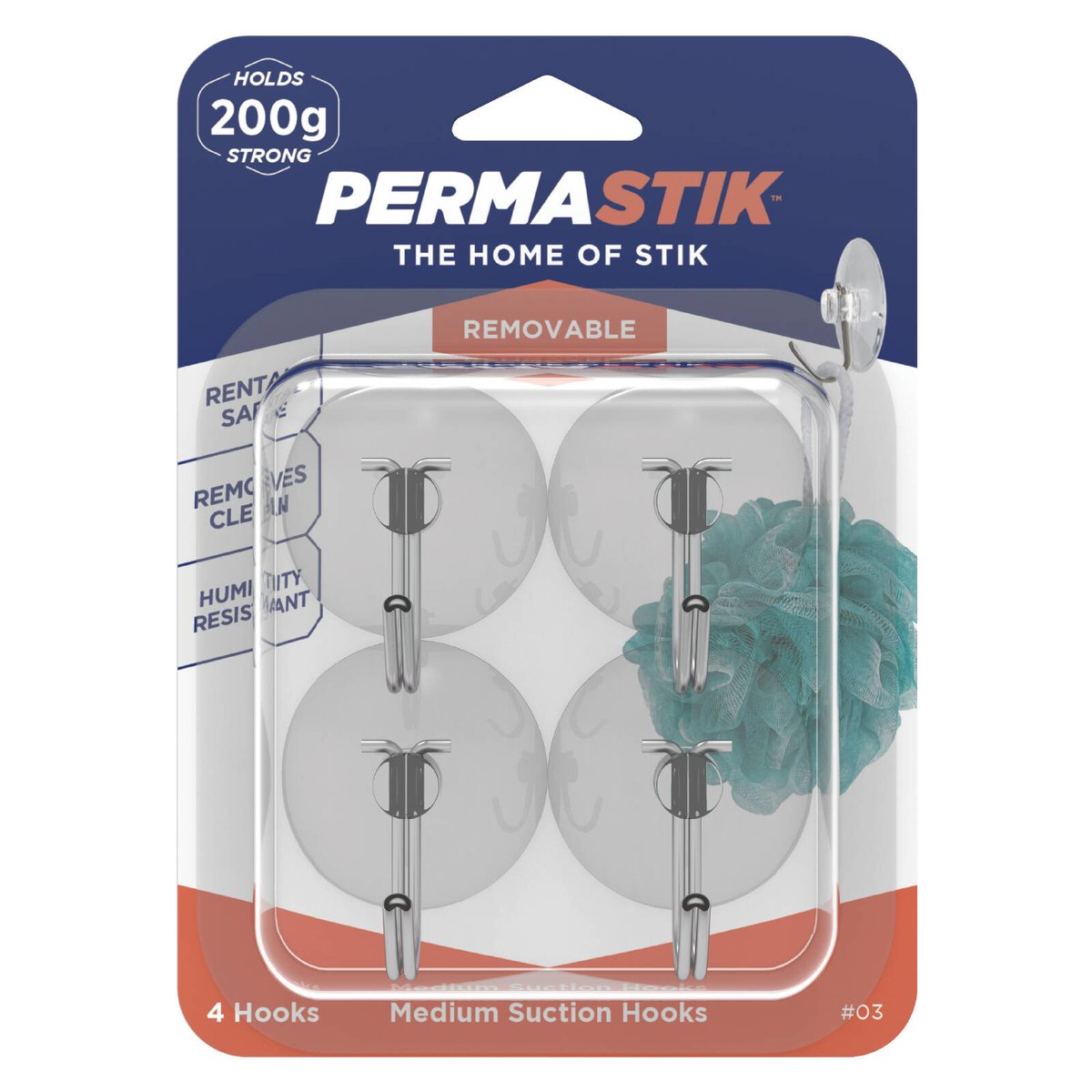 Permastik Medium Clear Plastic Suction Wall Hooks - 4 Pack