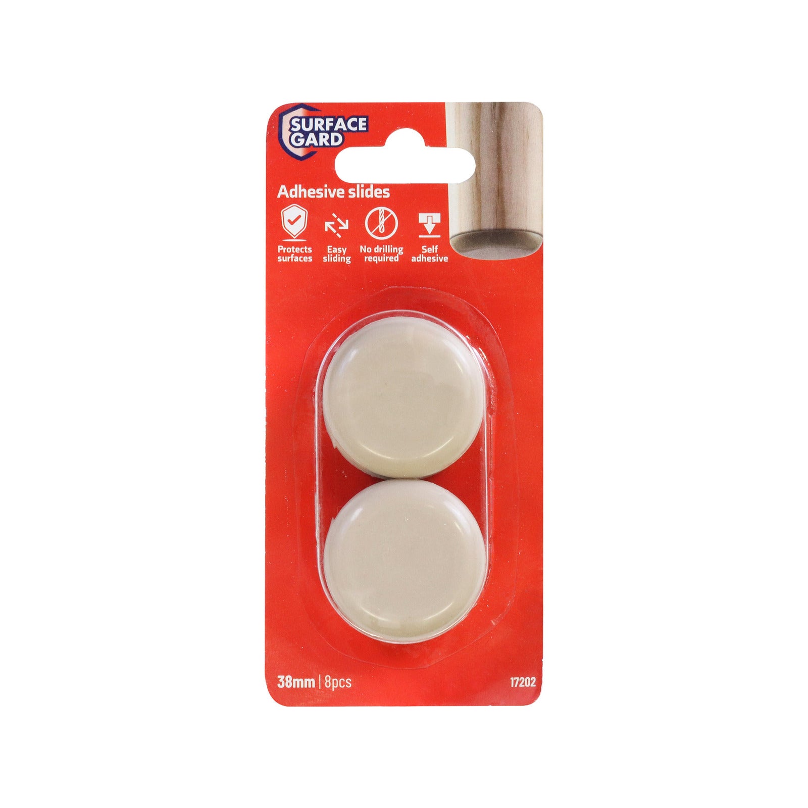 Surface Gard 38mm Round Self Adhesive Plastic Sliders, Suits 38mm Legs, 8 Pack