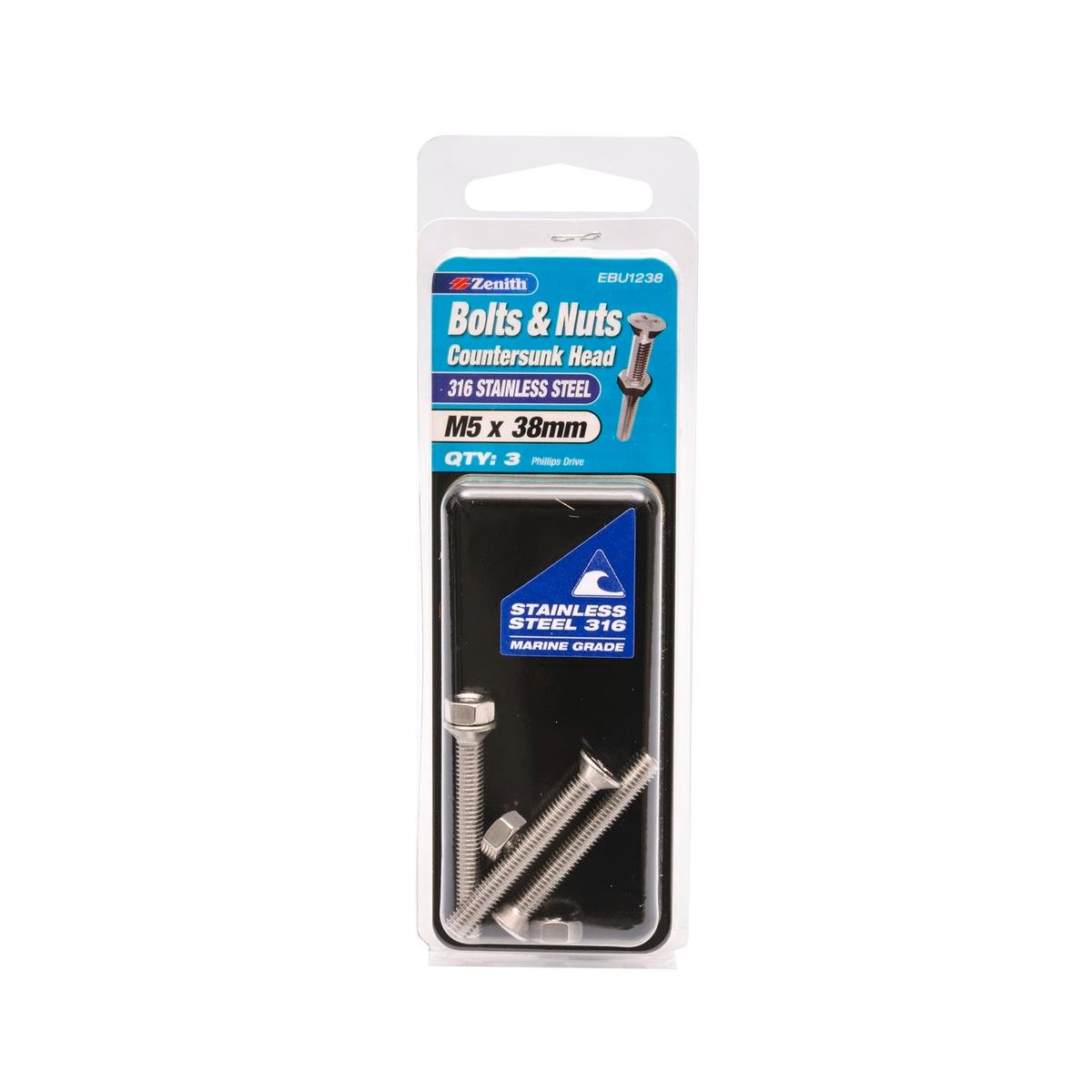 Zenith M5 x 38mm 316 Stainless Steel Countersunk Head Bolt and Nut 3 Pack