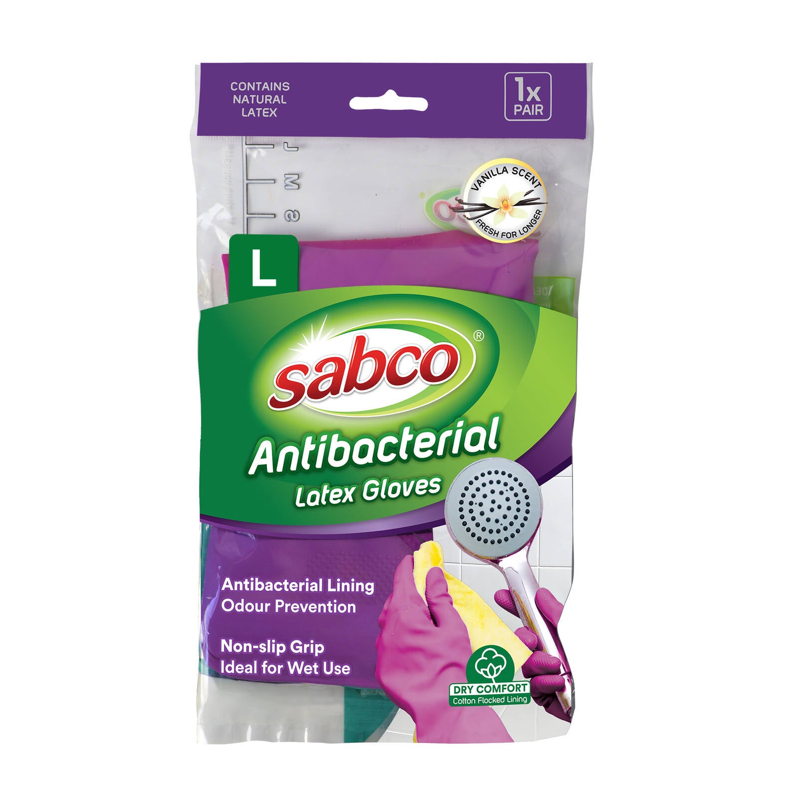 Sabco Antibacterial Latex Gloves Large 1 Pair Pink Purple