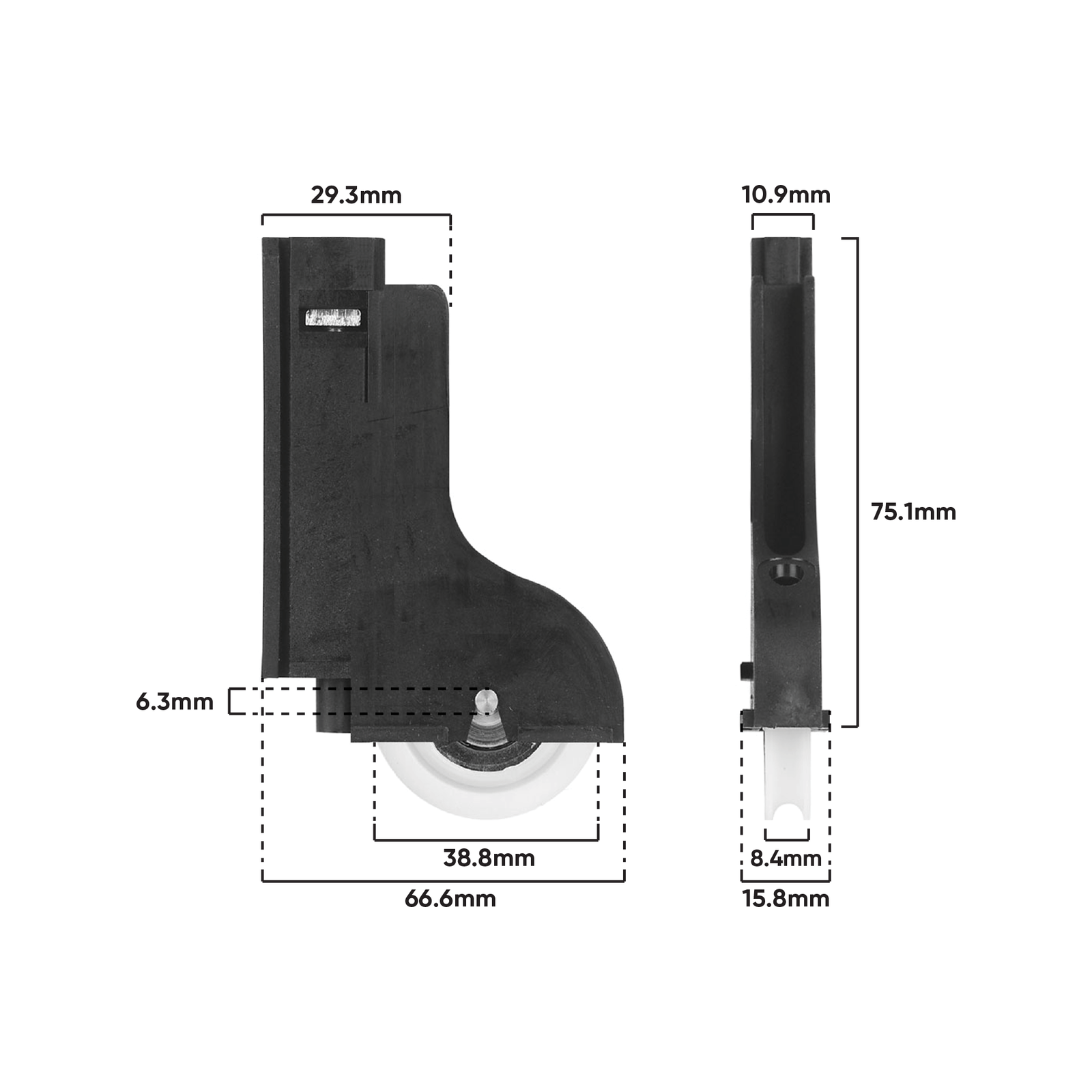 Rolltrak Adjustable Black Plastic Carriage & Acetal Roller - Wardrobe Door