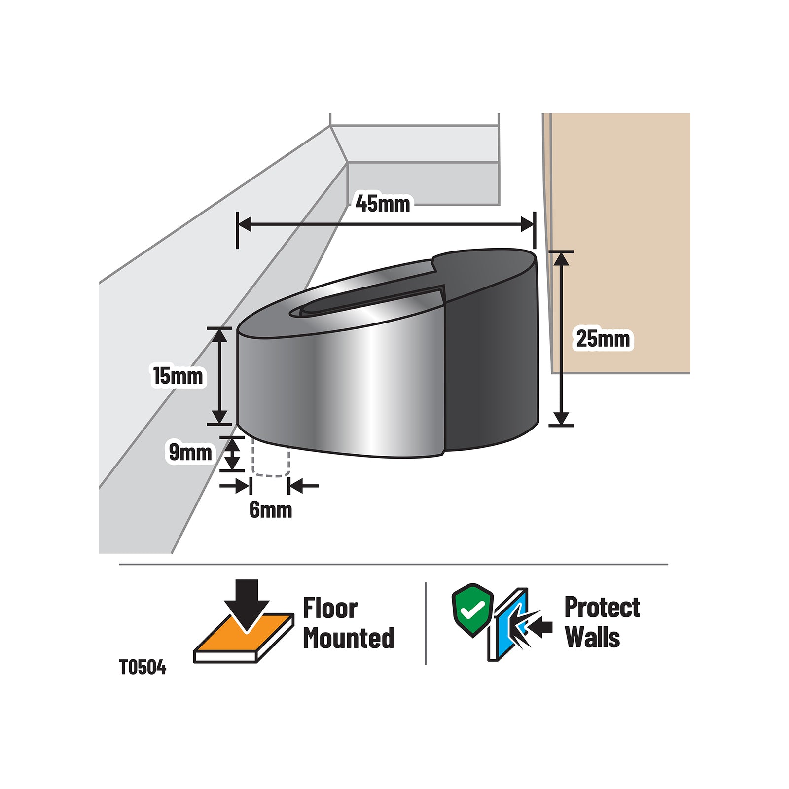 Adoored 45mm Satin Chrome Short Half Metal & Rubber Door Stop