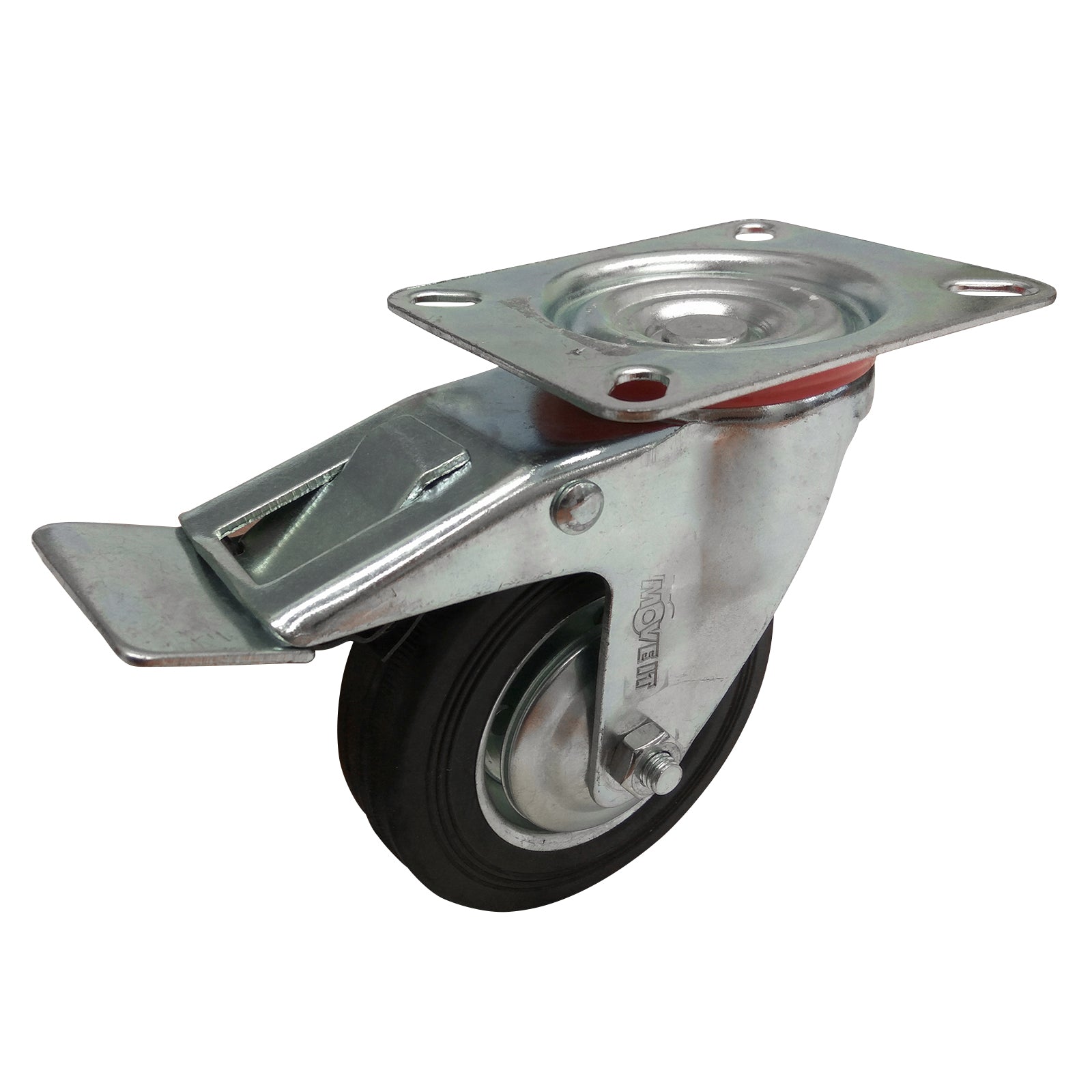 Move It 100mm Black Rubber Swivel Plate Castor with Brake, Indoor, 70kg