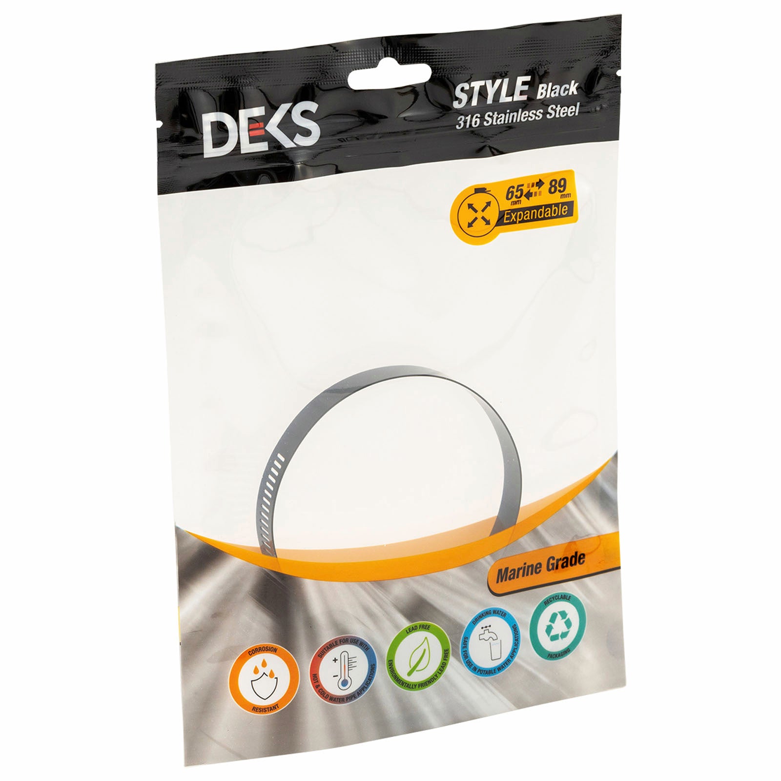Deks 65-89mm Black 316 Stainless Steel Marine Hose Clamp