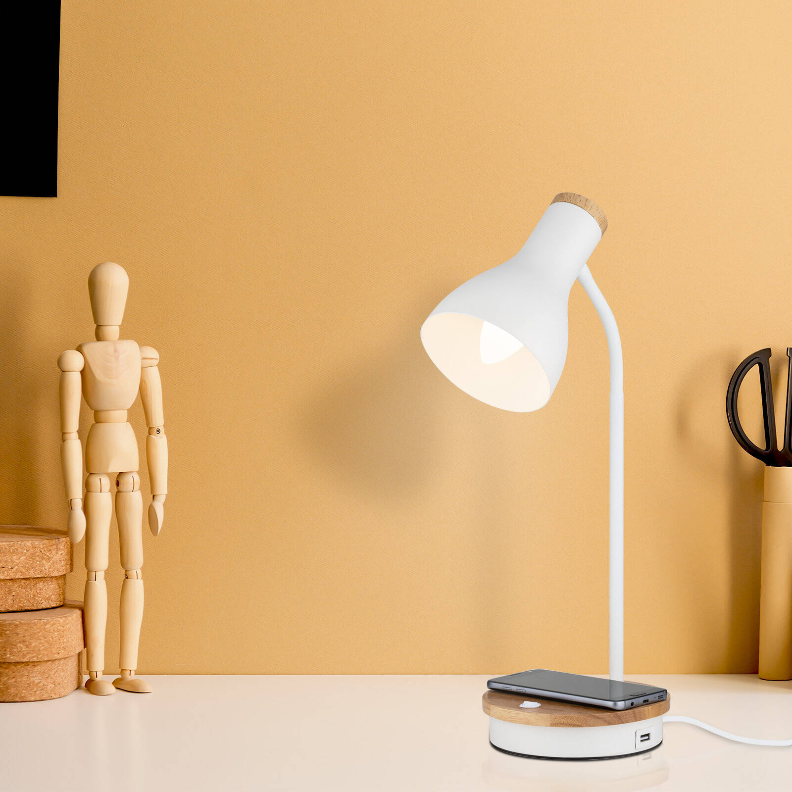 Mercator Billingham Desk Lamp with Wireless & USB Charging 25W E14 LMTL342WHT