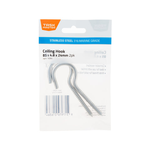 Taskmaster 85 x 4.8 x 24mm 316 Stainless Steel Ceiling Hook - 2 Pack