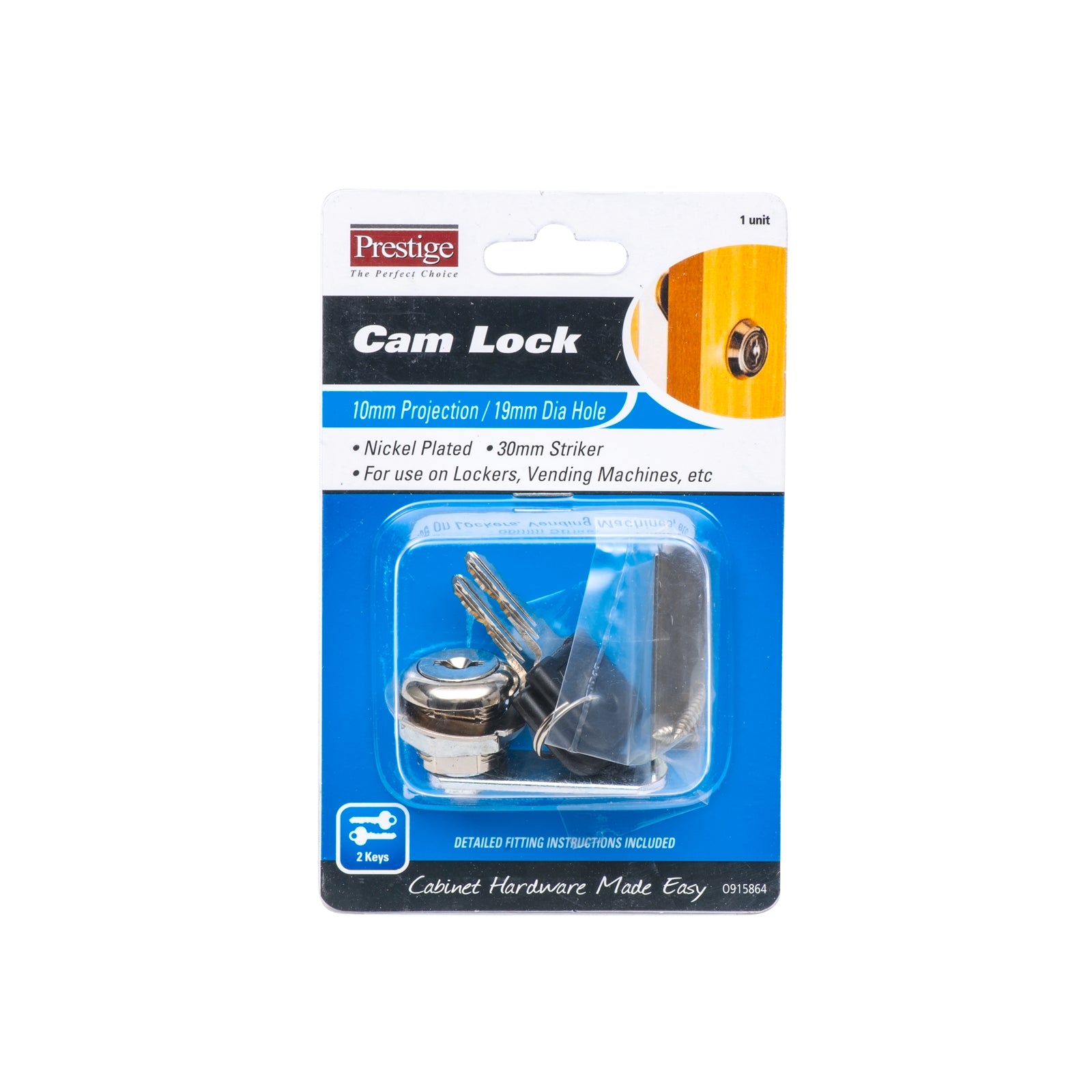 Prestige 10mm Nickel Plated Projection Cam Lock, Brass & Steel, Lockable, 2 Keys & Strike Included