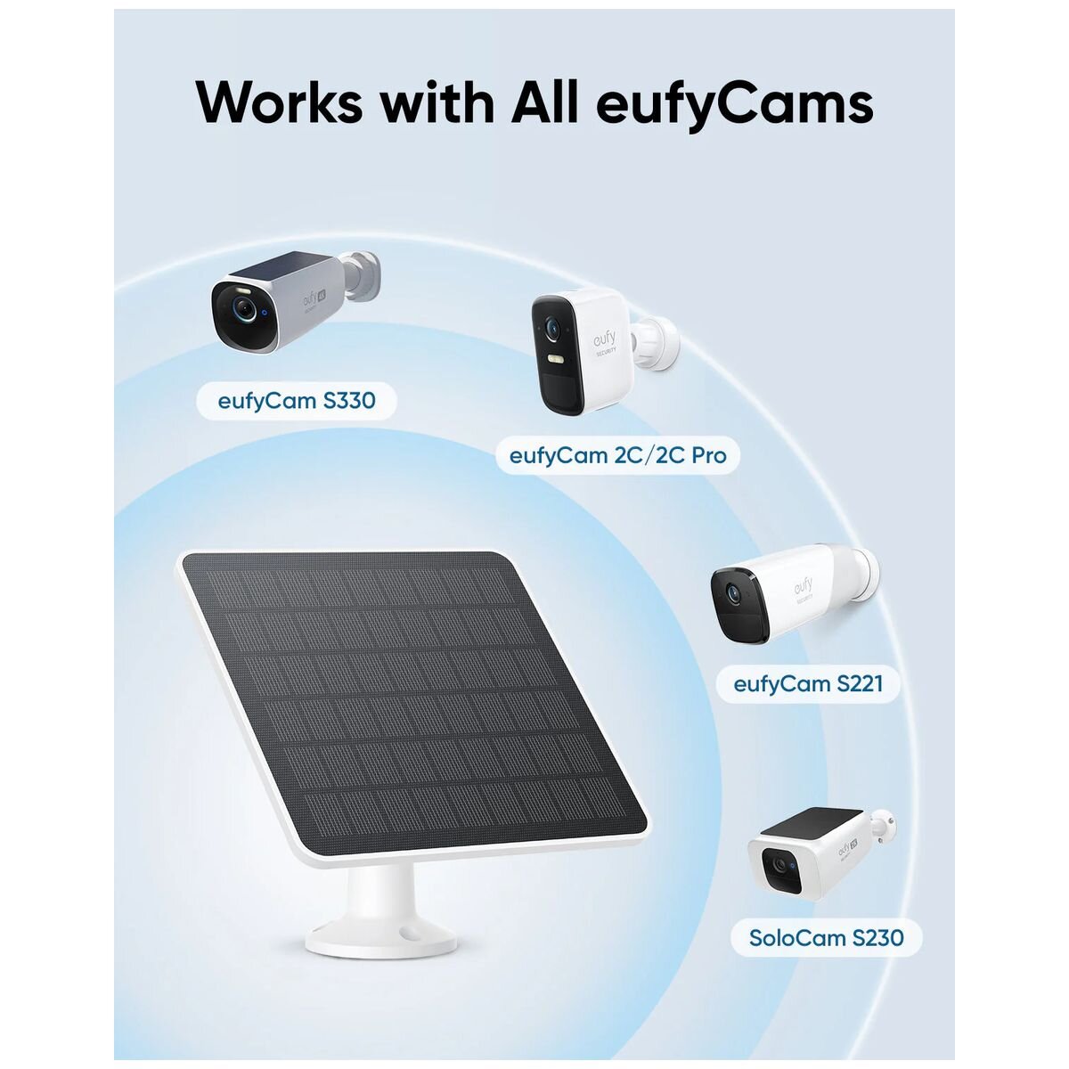 Eufy 3W Solar Panel for Eufy Security Cameras - White, Adjustable Mount, Long Cable - T8705C11