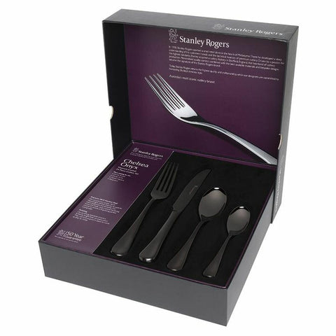 Stanley Rogers Chelsea Onyx 24 piece cutlery set - onyx black finish with knives, forks and spoons - 50624