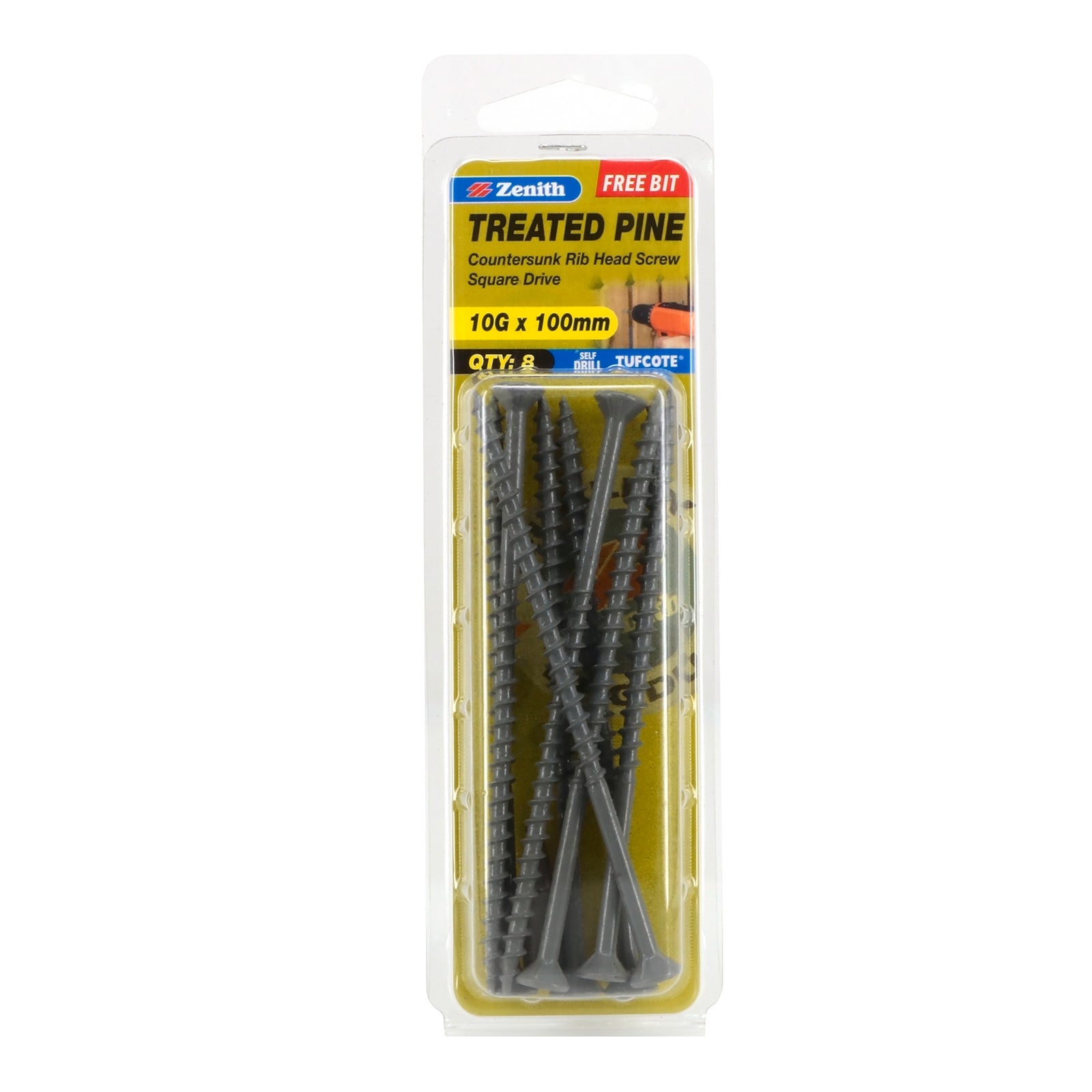Zenith 10G x 100mm Tufcote Countersunk Rib Head Treated Pine Screws Carbon Steel 8 Pack