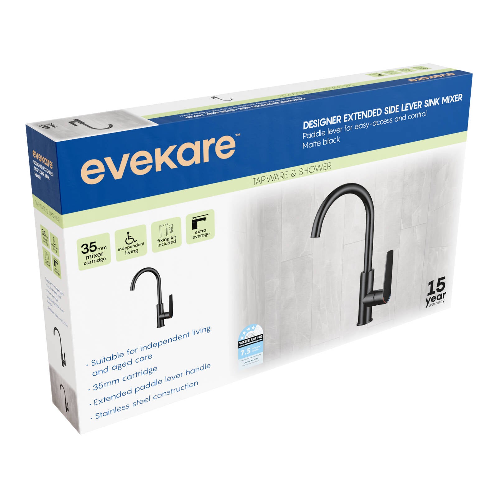 evekare 35mm Matte Black Extended Lever Sink Mixer 4 Star WELS