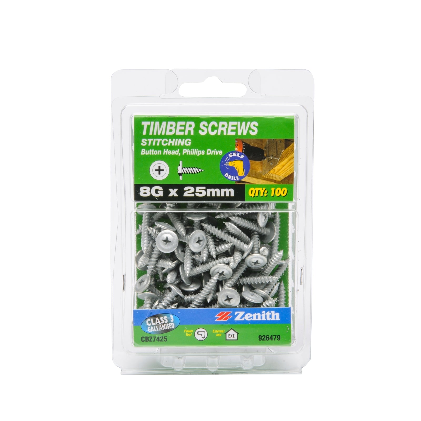 Zenith 8G x 25mm Galvanised Button Head Stitching Timber Screws - 100 Pack