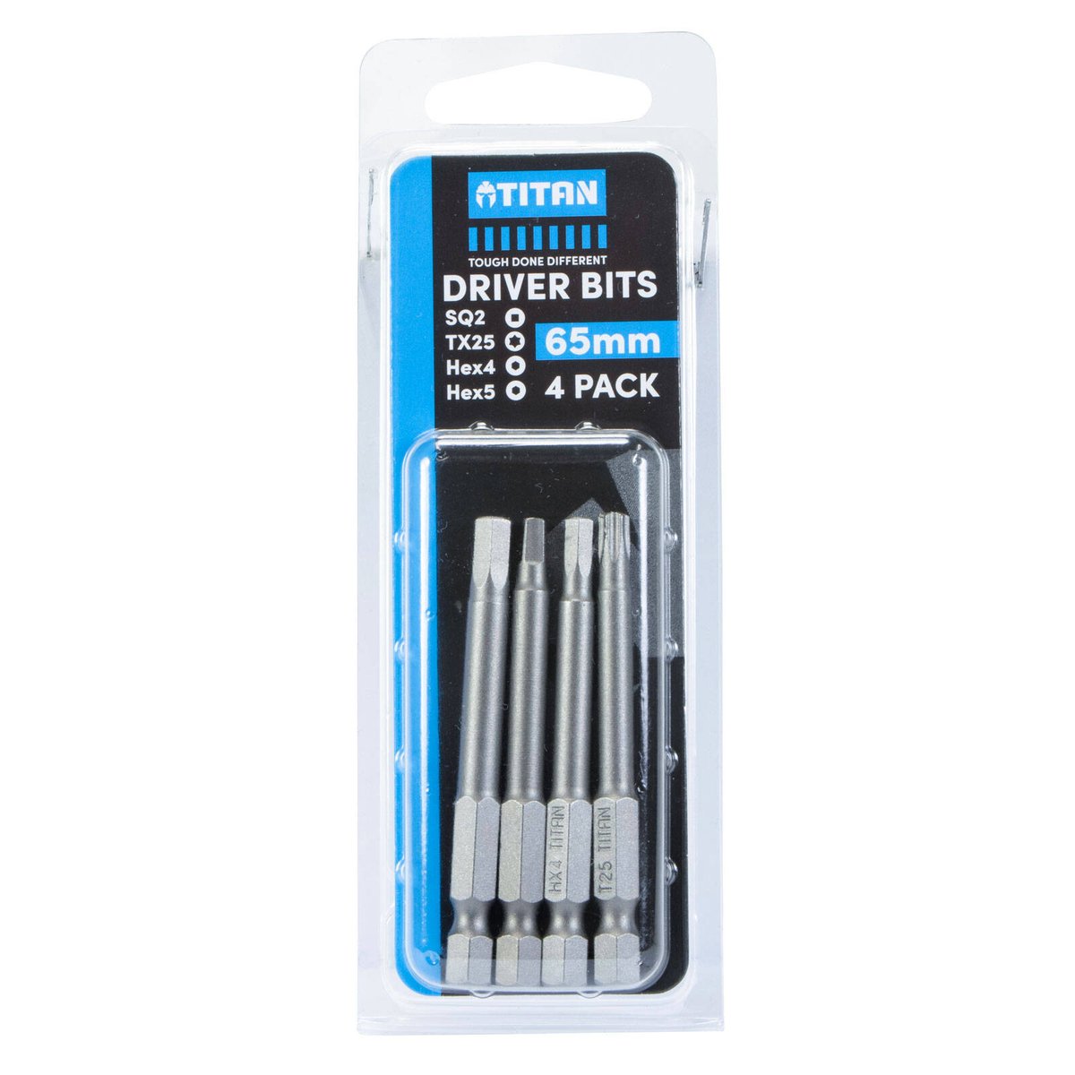 Titan 65mm Assortment Driver Bit 4 Pack SQ2, TX25, Hex4 & Hex5
