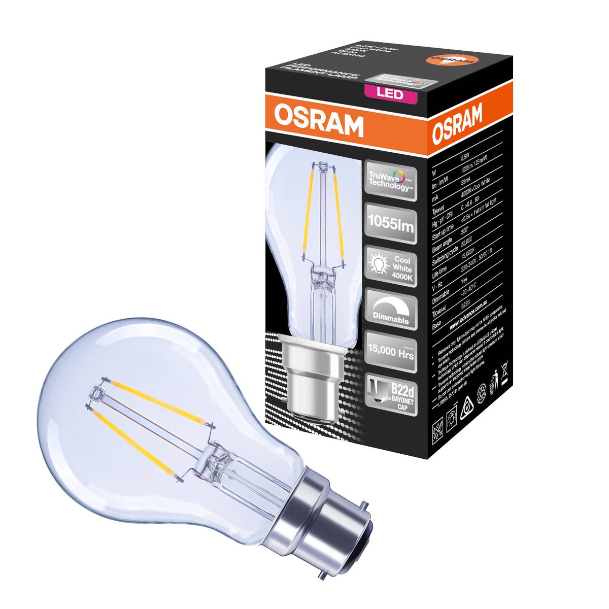 Osram 8 5W Cool White Dimmable BC LED Filament Globe - 95mm x 140mm - Energy Efficient - SuperSaverAU - view 1