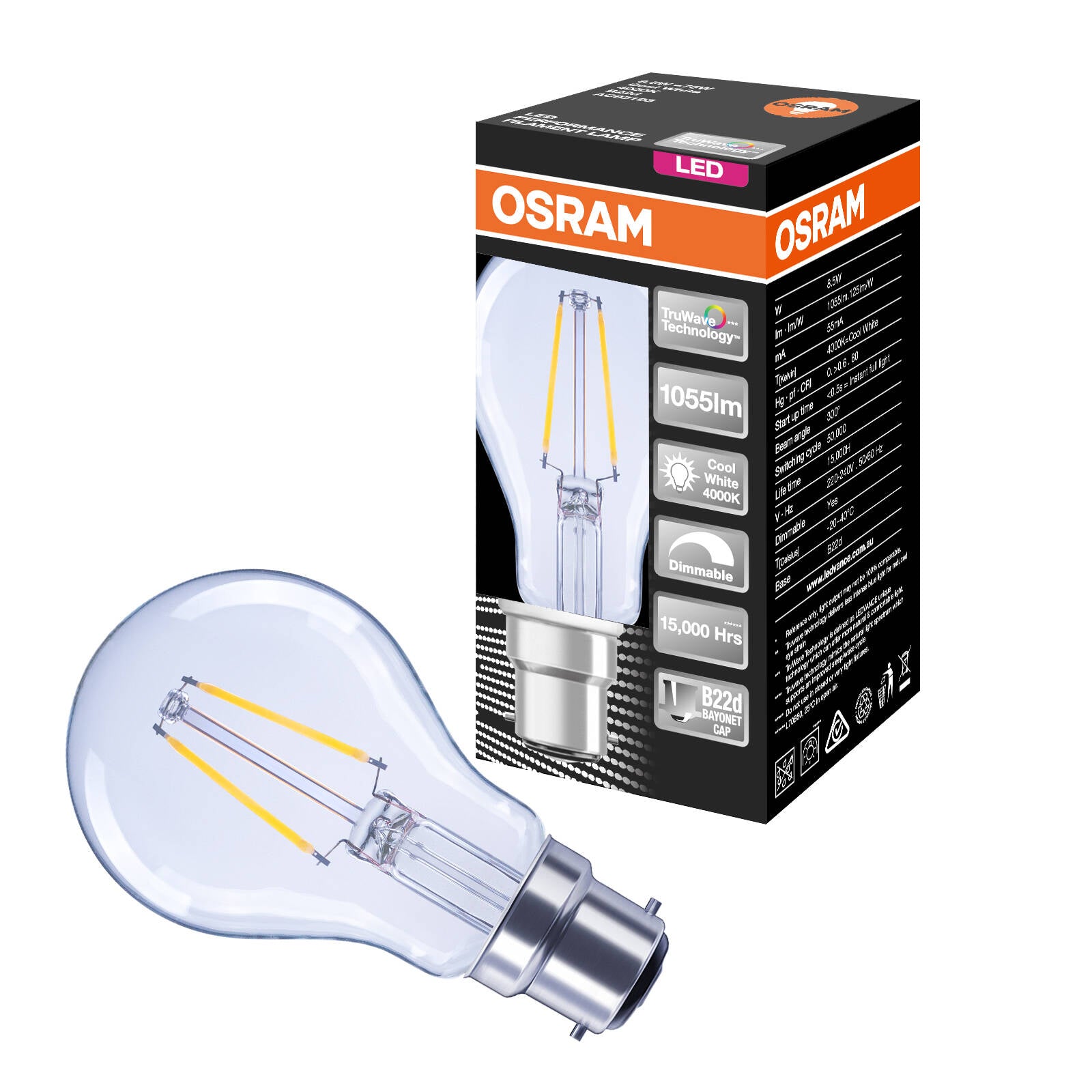Osram 8.5W Cool White Dimmable A-Shape B22 BC LED Filament Globe 1055lm