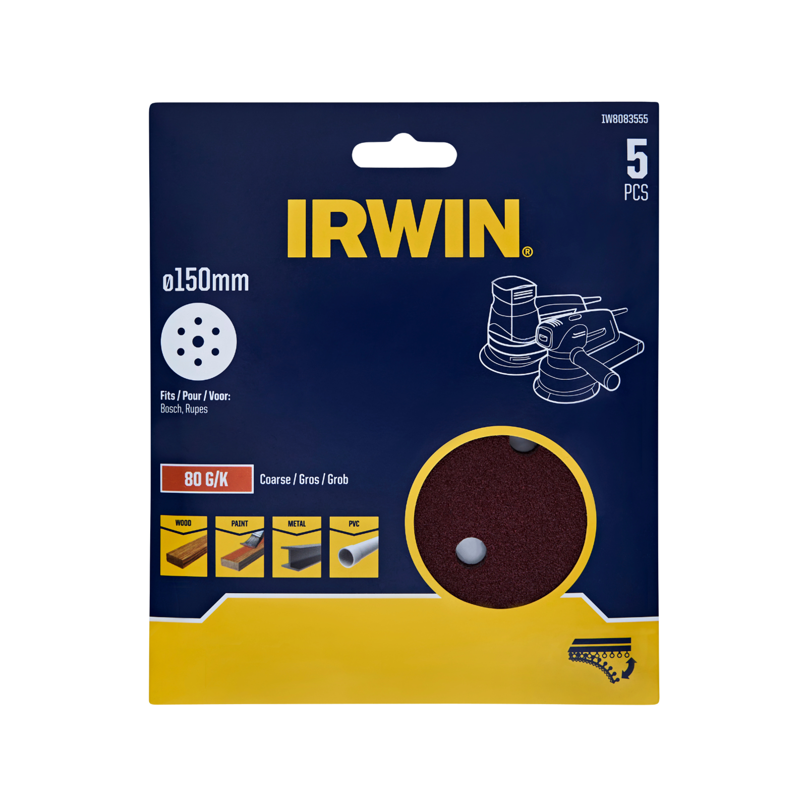 Irwin 150mm 80 Grit 6+1 Hole Quick Fit Random Orbital Sanding Discs - 5 Pack