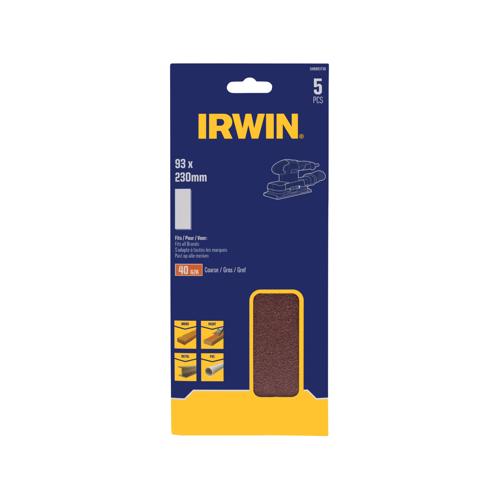 IRWIN 1/3 93 x 230mm 40 Grit Punched Sanding Sheet - 5 Pack