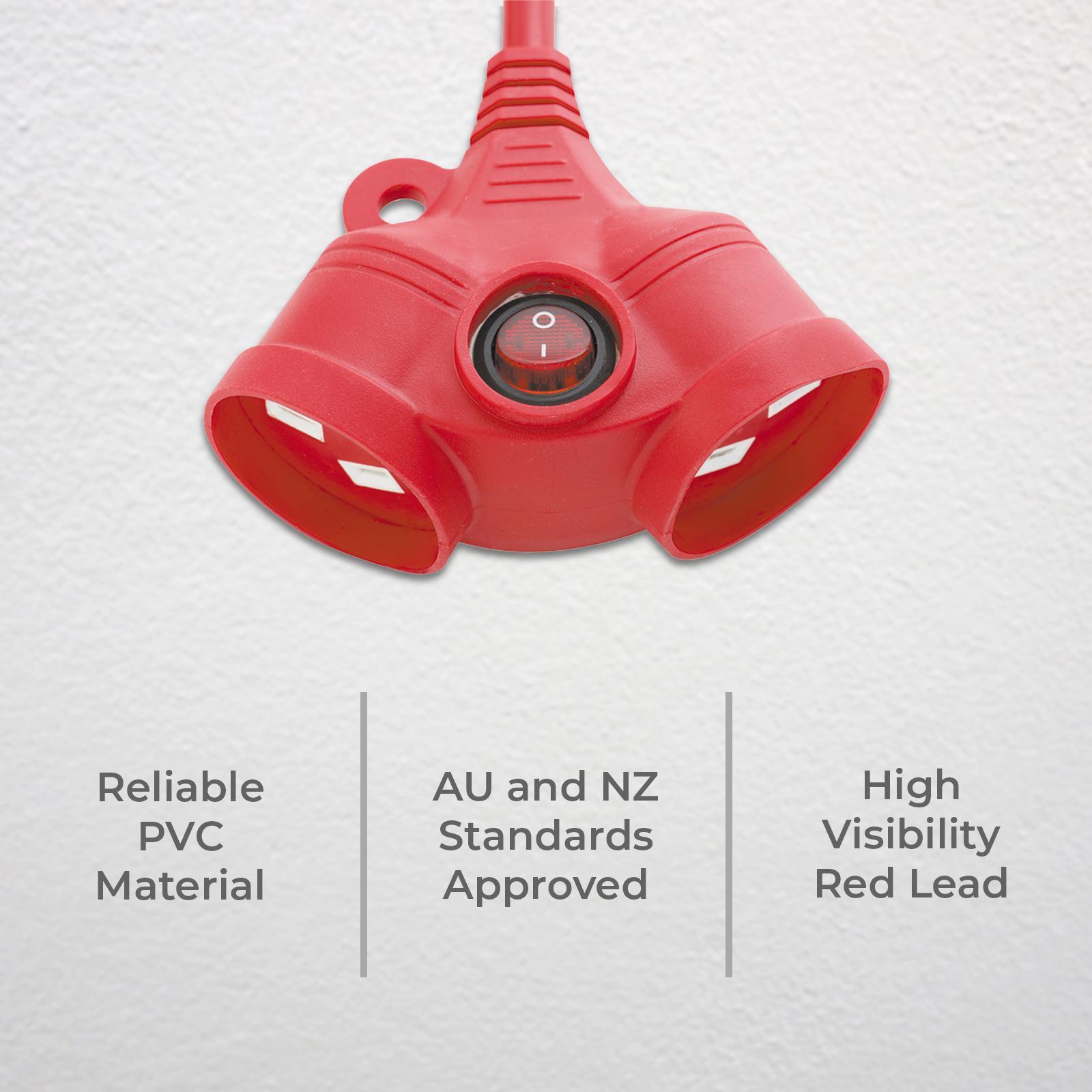 DETA 30m Red Extra Heavy Duty Dual Socket Extension Lead - 10A 240V Switched DRX30