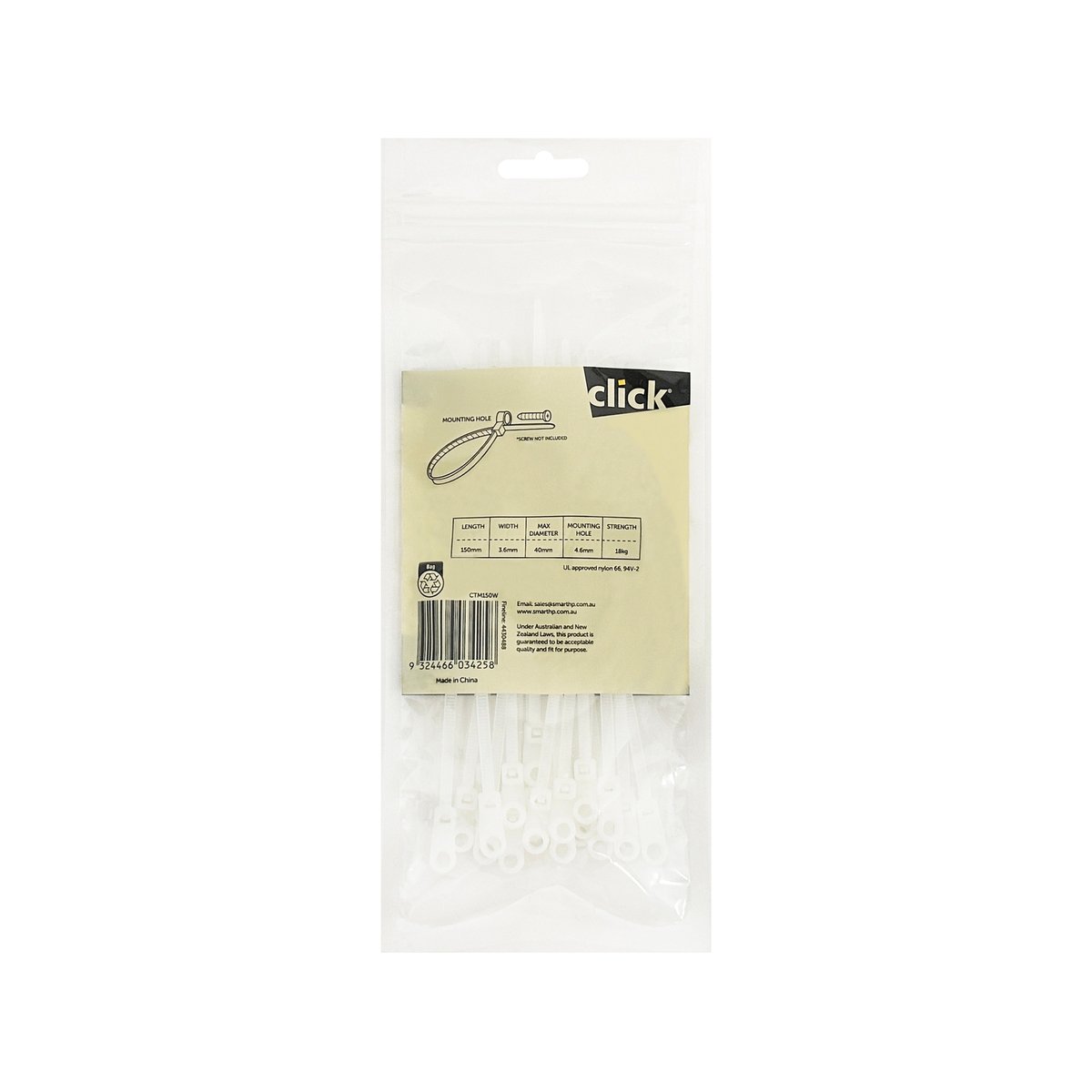 Click 150mm White Mounting Cable Tie 25 Pack - UV Resistant Nylon Screw Hole