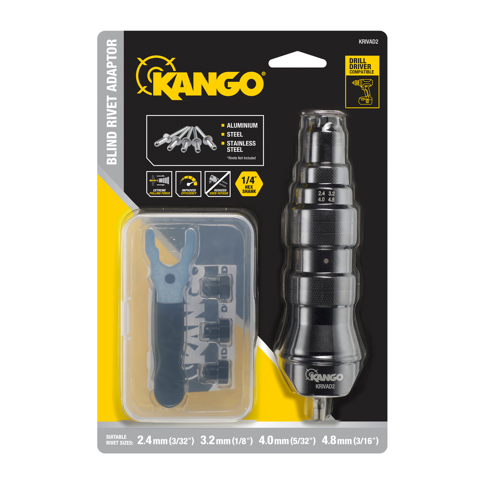 Kango Blind / Pop Rivet Drill Adaptor with 4 Nose Pieces, 2.4mm to 4.8mm