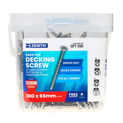 Zenith Easy-Fix Decking Screw T20 10G x 65mm SS304 Stainless, 250 Pack