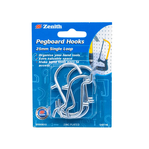 Zenith 25mm Zinc Plated Steel Single Loop Pegboard Hook - 6 Pack
