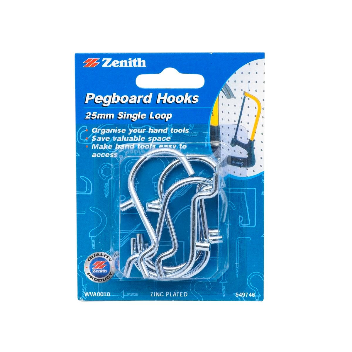 Zenith 25mm Zinc Plated Steel Single Loop Pegboard Hook - 6 Pack