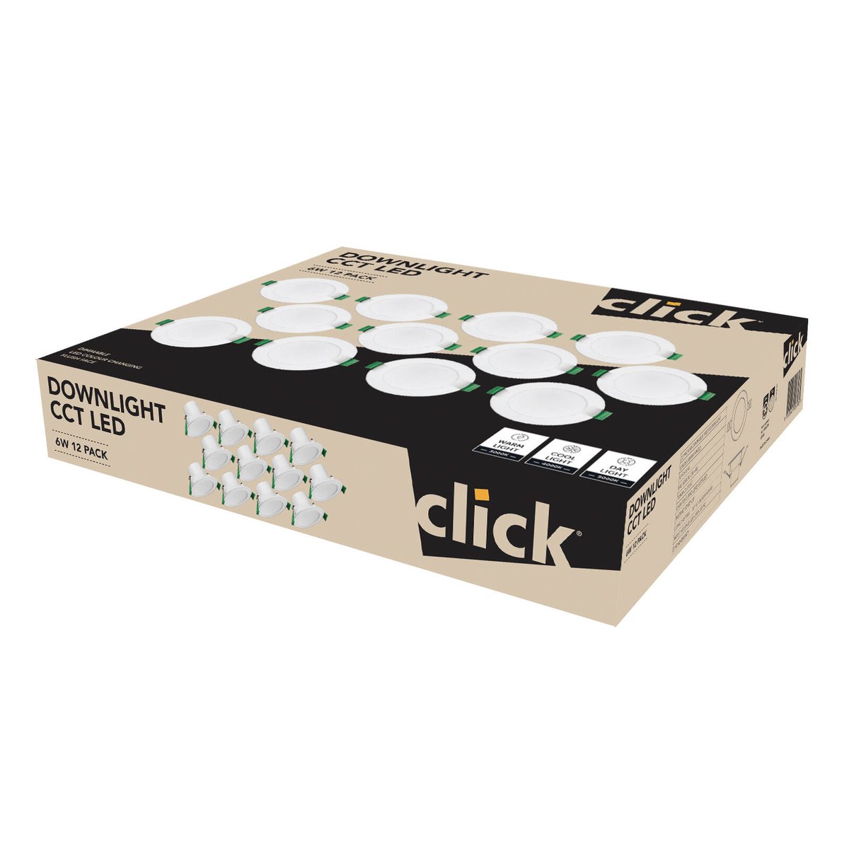 Click 6W 70mm CCT LED Downlight 12 Pack - Indoor, Colour Selectable