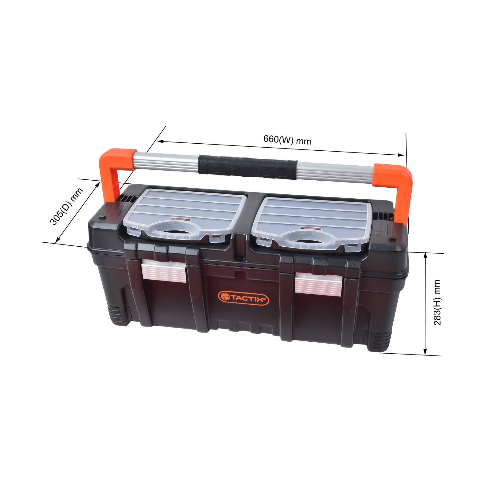 Tactix 660mm Heavy Duty Auto-Latch Tool Box, Polypropylene, with 2 Removable Organisers