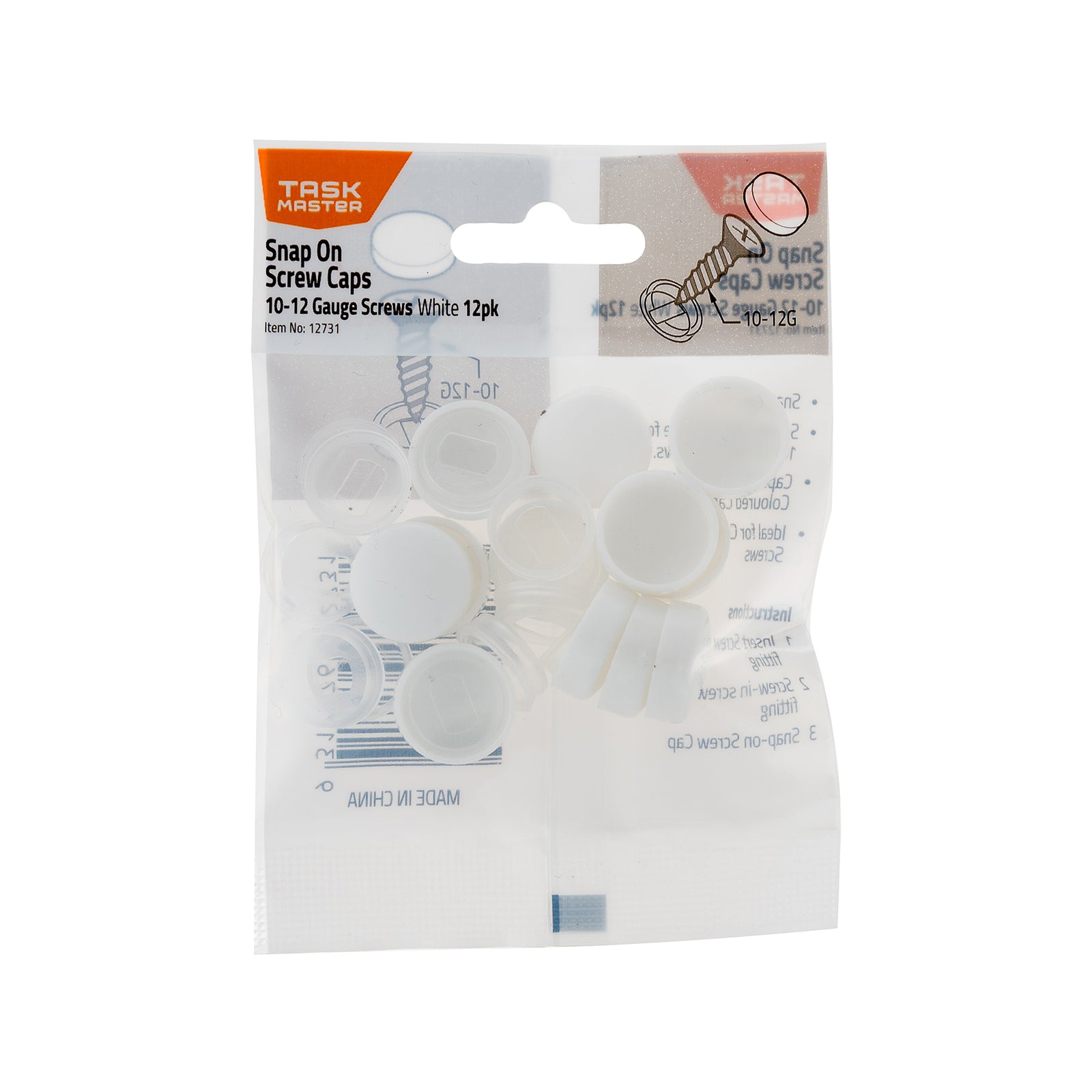 Taskmaster 10 - 12g Snap On Screw Caps White Plastic 12 Pack