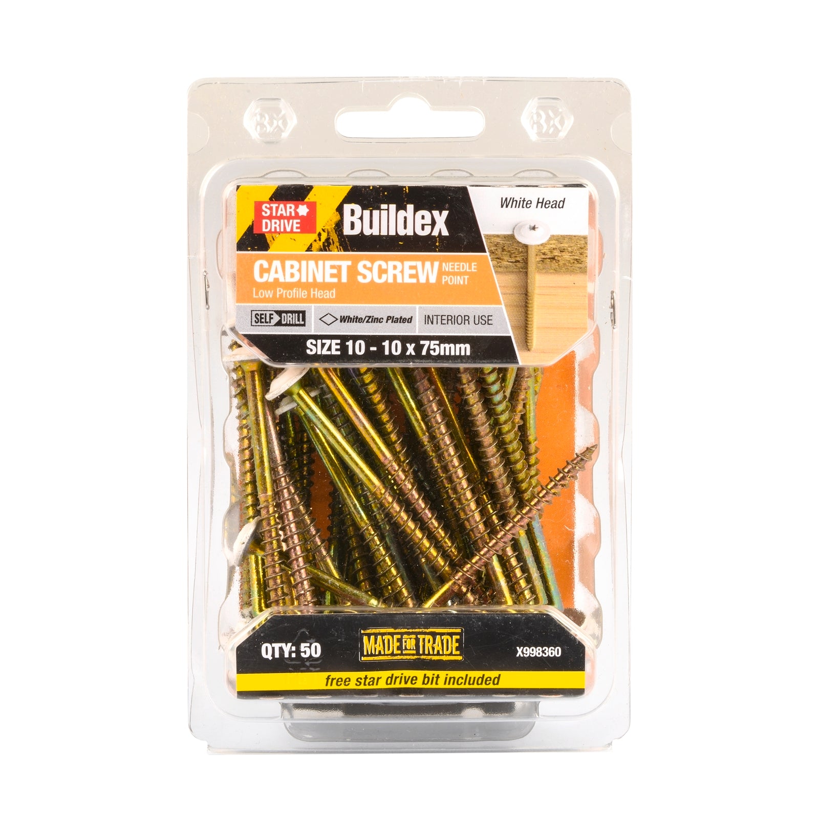 Buildex 10-10 x 75mm White Star Head Cabinet Screws - Zinc Plated, Needle Point, 50 Pack