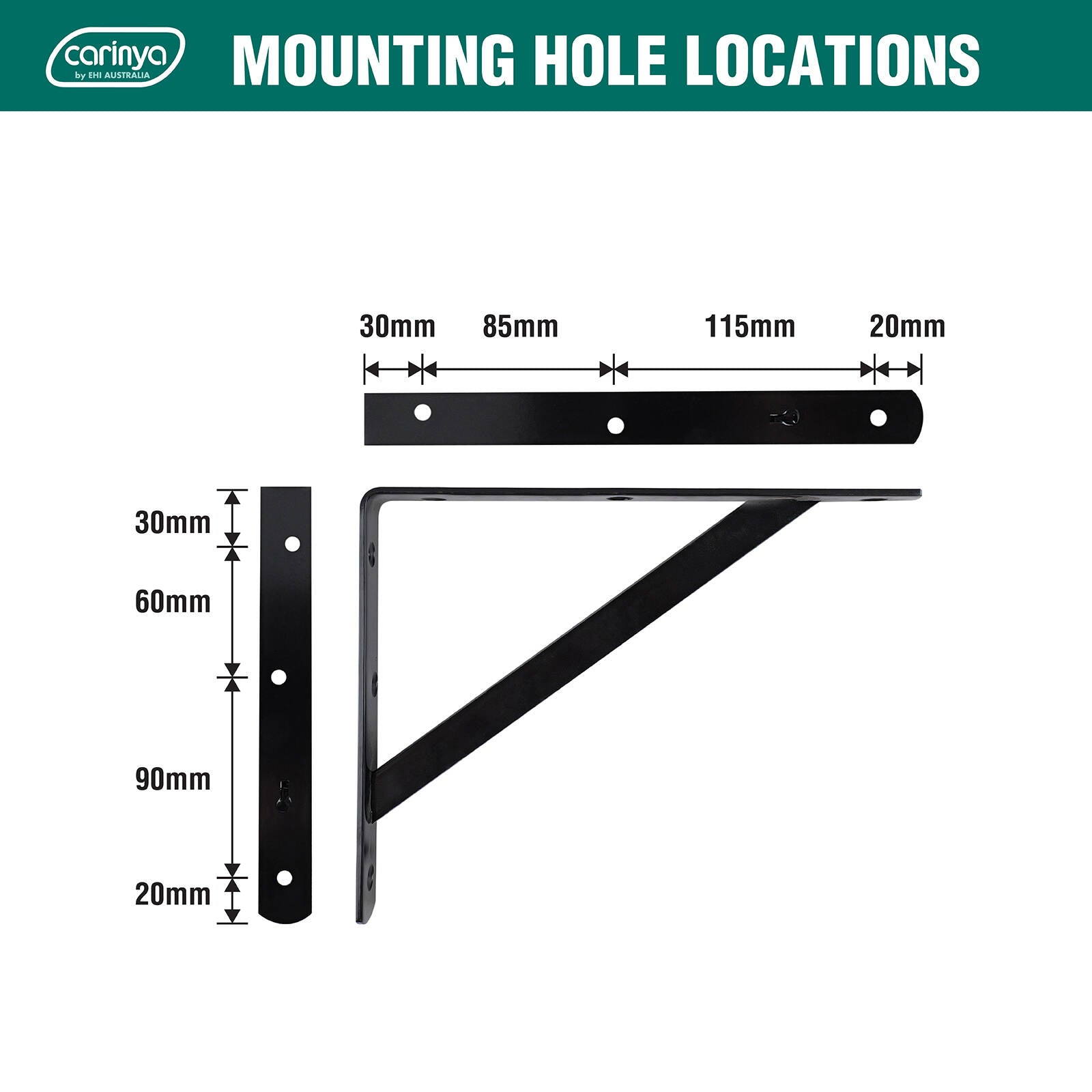 Carinya 250 x 200mm Black Heavy Duty Straight Stayed Bracket, Powder Coated Steel, 175kg