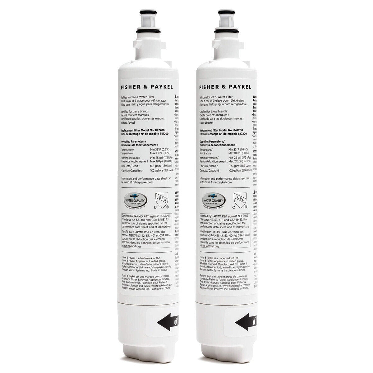 Fisher & Paykel Replacement Refrigerator Water Filter - Twin Pack, Suits E, RF and RS Models - 847200-2PK