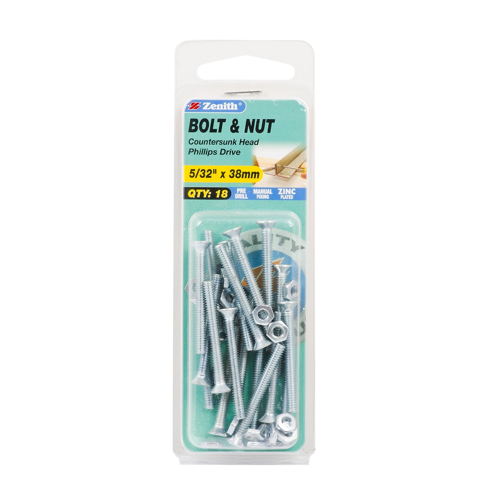 Zenith 5/32" x 38mm Zinc Plated Countersunk Bolt and Nut - Steel, 18 Pack