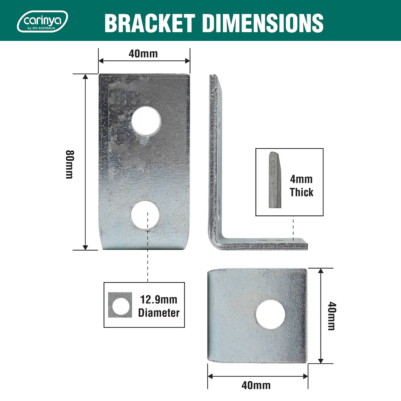 Carinya 40 x 80 x 40 x 4mm Zinc Plated Reinforcing Angle Bracket 150kg